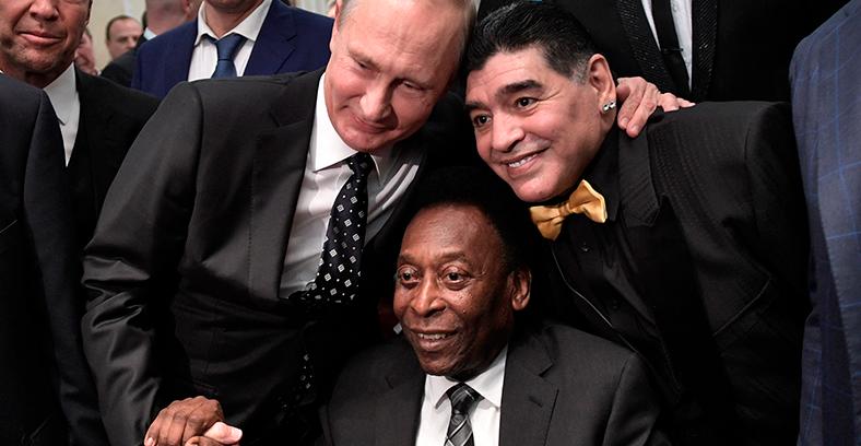 FROM LEFT: Russian President Vladimir Putin, Brazilian football legend Pele and Argentina’s former midfielder Diego Maradona pose for pictures ahead of the Final Draw for the 2018 FIFA World Cup tournament at the State Kremlin Palace in Moscow on Dec 1, 2017. – AFPPIX/FILEPIX