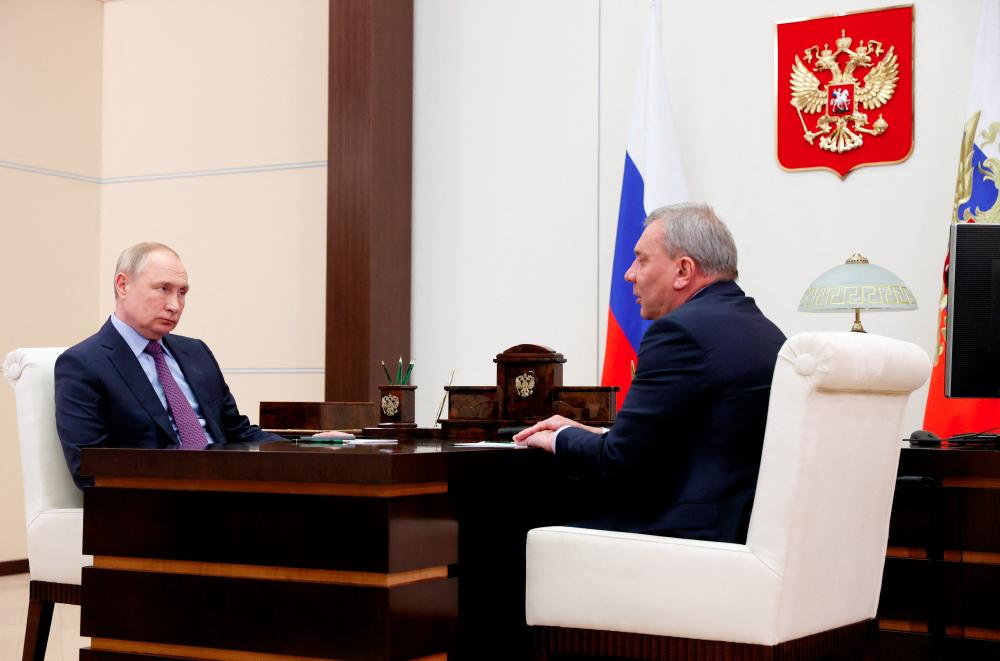 Russian President Vladimir Putin meets with Deputy Prime Minister Yuri Borisov at the Kremlin in Moscow, Russia April 4, 2022. Sputnik/Mikhail Klimentyev/Kremlin via REUTERSpix