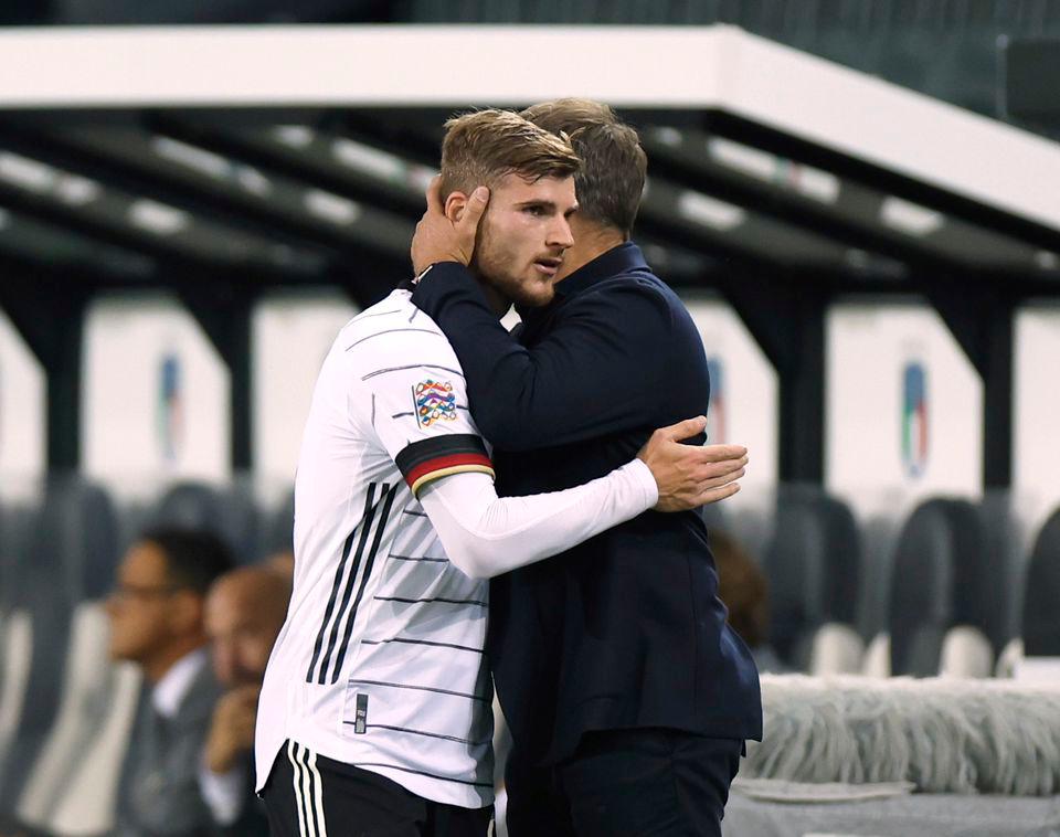 Soccer Football - UEFA Nations League - Group C - Germany v Italy - Borussia-Park, Moenchengladbach, Germany - June 14, 2022 Germany’s Timo Werner with coach Hansi Flick after he was substituted REUTERSPIX