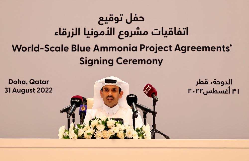 Al-Kaabi speaks during the World-Scale Blue Ammonia Project Agreements’ signing ceremony in Doha on Wednesday, Aug 31, 2022. – AFPpix