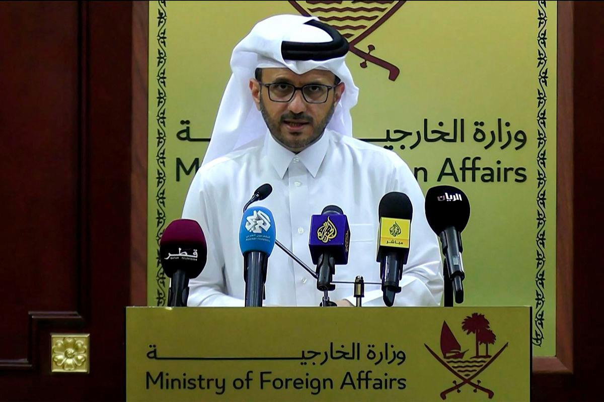 This frame grab from AFPTV footage shows Qatari foreign ministry spokesman Majed al-Ansari speaking during a media briefing in Doha on June 17, 2025. - AFPPIX