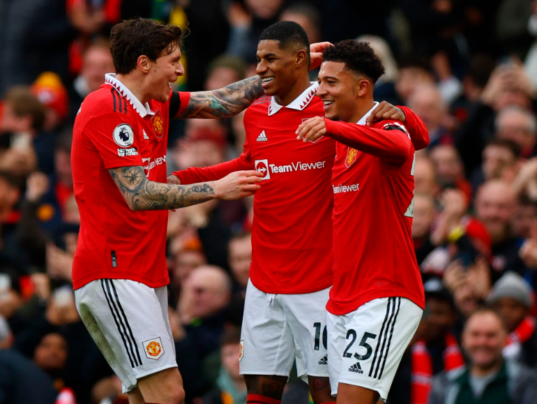 Football - Premier League - Manchester United v Leicester City - Old Trafford, Manchester, Britain - February 19, 2023 Manchester United’s Marcus Rashford celebrates scoring their second goal with Victor Lindelof and Jadon Sancho REUTERSpix
