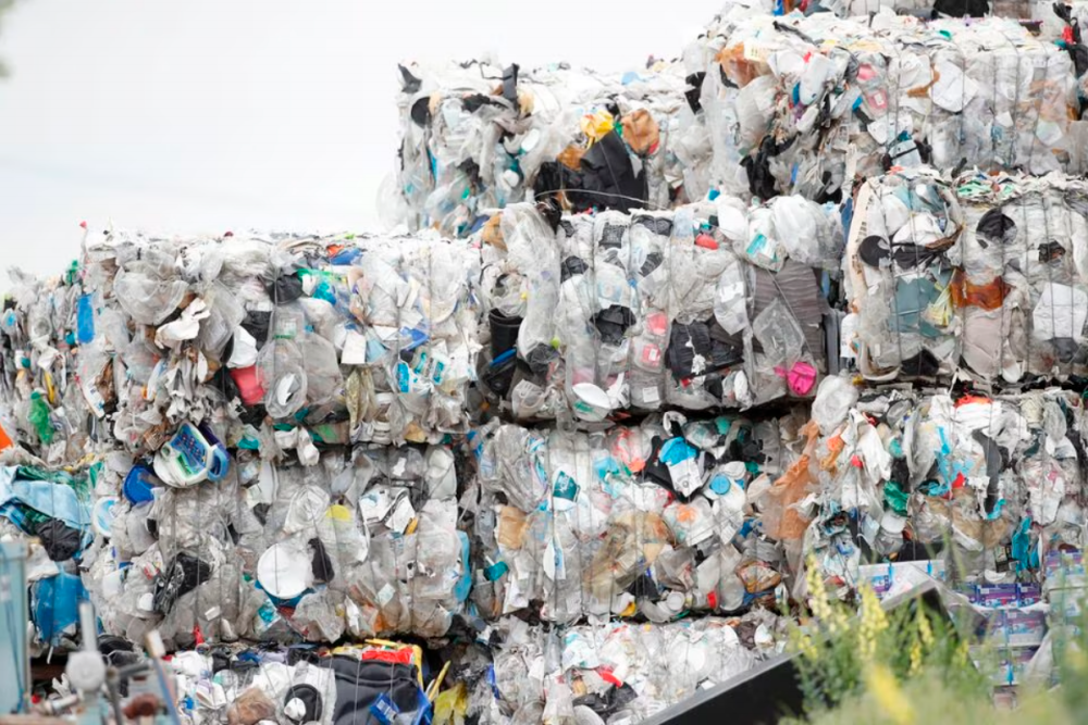 Bales of hard-to-recycle plastic waste are seen piled up at Renewlogy Technologies in Salt Lake City, Utah, US, on May 17, 2021. REUTERSPIX