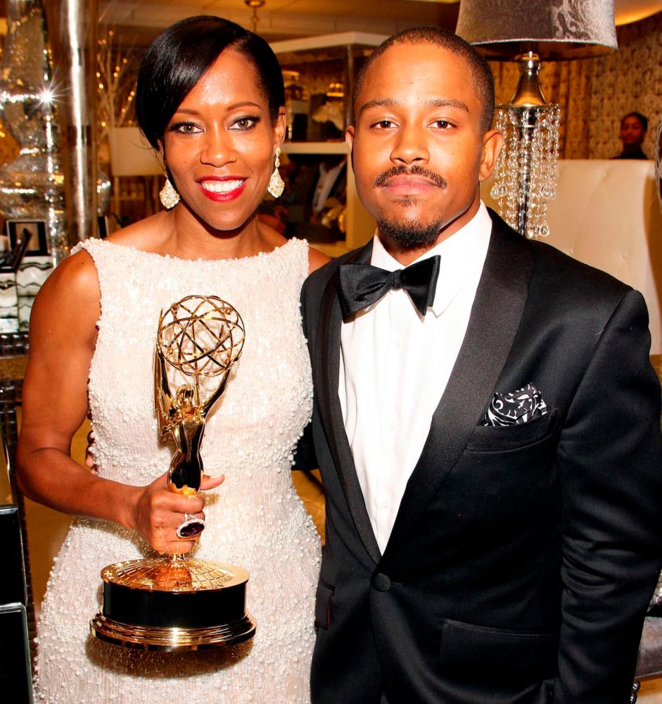 $!King and her son at the Golden GLobest in 2019, when she won an award for her performance in ‘When Beale Street Could Talk’. – Shutterstock