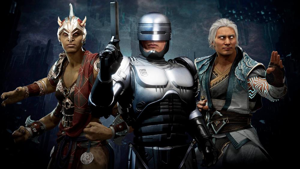 (from left) Sheeva, RoboCop, and Fujin front the ‘Mortal Kombat 11’ Aftermath Pack.