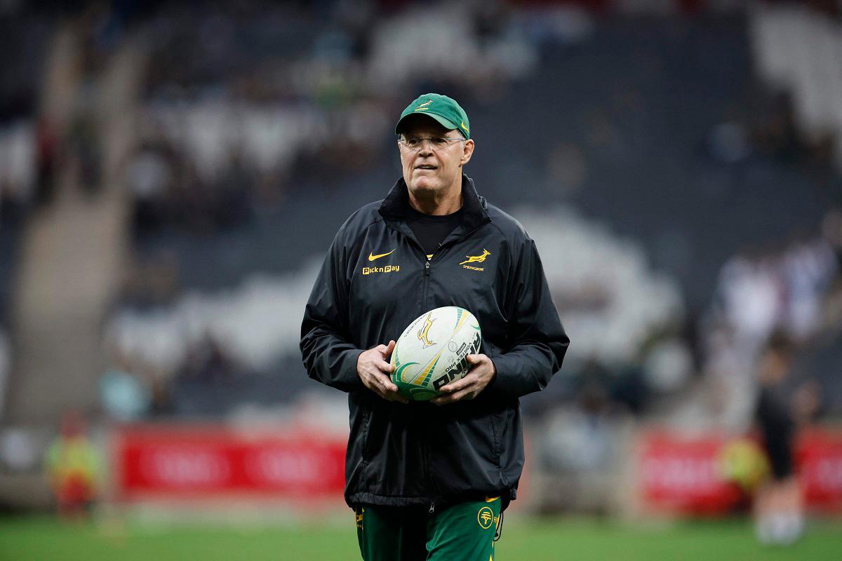 South African head coach Rassie Erasmus walks in the pitch ahead of the warm up session during the international rugby union Test match between South Africa and Georgia at Mbombela Stadium in Mbombela on July 19, 2025. - PHILL MAGAKOE / AFP