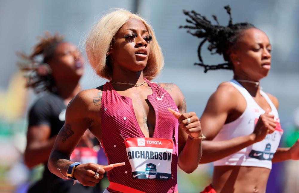 Sha’Carri Richardson in the Women’s 200 Meter semi-final during the 2022 USATF Outdoor Championships at Hayward Field on June 26, 2022 in Eugene, Oregon/AFPPix