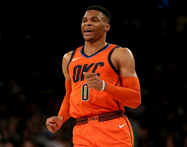 Russell Westbrook #0 of the Oklahoma City Thunder celebrates his shot in the first half against the New York Knicks at Madison Square Garden on January 21, 2019. — AFP