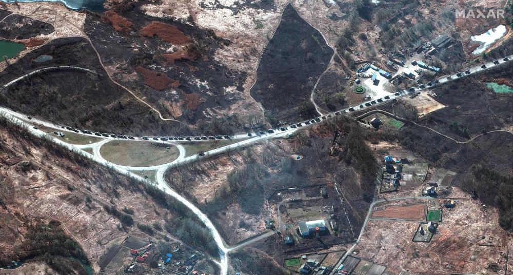 This Maxar satellite image taken and released on February 28, 2022 shows part of a military convoy in southern Ivankiv, Ukraine. SATELLITE IMAGE ©2022 MAXAR TECHNOLOGIES/AFPpix