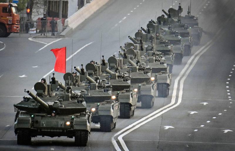 Russian T-90M tanks drive through central Moscow during a rehearsal for the Victory Day parade where Russia will celebrate the 80th anniversary of the 1945 defeat of Nazi Germany, on May 3, 2025. AFPpix