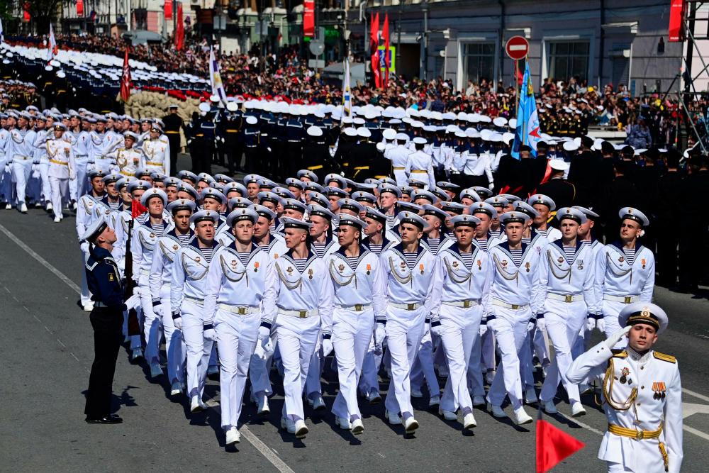 Sailors take part in a military parade, which marks the 78th anniversary of the Soviet victory over Nazi Germany in World War Two, in the far eastern city of Vladivostok on May 9, 2023/AFPPix