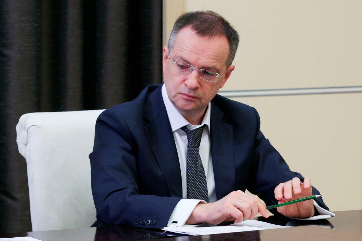 In this pool photograph distributed by the Russian state agency Sputnik, Kremlin aide Vladimir Medinsky attends a meeting on Russia's language policy chaired by Russia's President via a videoconference at the Novo-Ogaryovo state residence, outside Moscow, on June 5, 2025. (Photo by Gavriil Grigorov / POOL / AFP)
