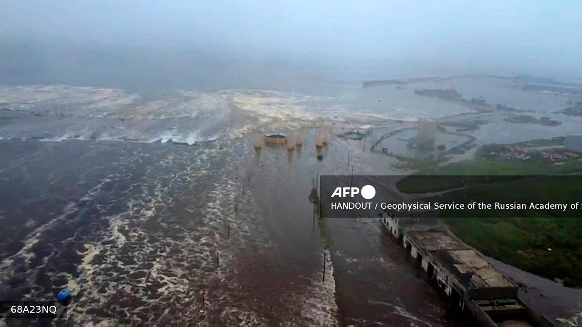 This video grab from a drone handout footage released by Geophysical Service of the Russian Academy of Sciences on July 30, 2025, shows the tsunami-hit Severo-Kurilsk on Paramushir island of Russia's northern Kuril islands. One of the strongest earthquakes ever recorded struck Russia's sparsely populated Far East early on July 30, causing tsunamis of up to four metres (12 feet) across the Pacific and sparking evacuations from Hawaii to Japan. - Handout / Geophysical Service of the Russian Academy of Sciences / AFP