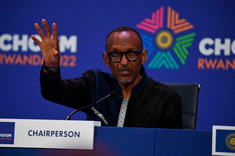 Rwanda’s President Paul Kagame gestures as he speaks to the media during the end of the Commonwealth Heads of Government Meeting (CHOGM), at the Intare arena conference on June 25, 2022 in Kigali. AFPPIX