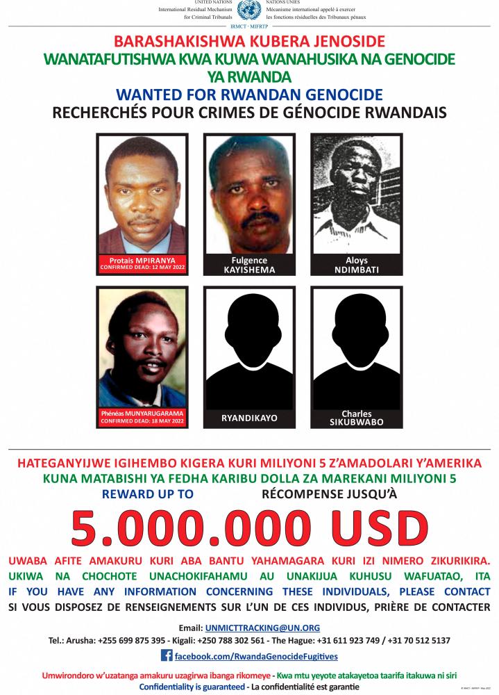 This undated handout poster released by the United Nations International Residual Mechanism for Criminal Tribunals shows Fulgence Kayishema (top row C), one of the last four fugitives sought for their role in the 1994 Rwanda genocide, on a wanted poster. AFPPIX