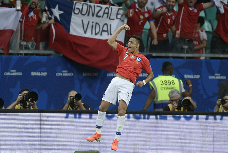 Chile’s Alexis Sanchez celebrates after scoring against Ecuador during their Copa America football tournament group match at the Fonte Nova Arena in Salvador, Brazil, on June 21, 2019. — AFP
