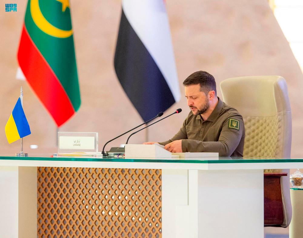 A handout picture provided by the Saudi Press Agency (SPA) on May 19, 2023 shows Ukraine’s President Volodymyr Zelensky addressing the Arab League Summit in Jeddah. AFPPIX