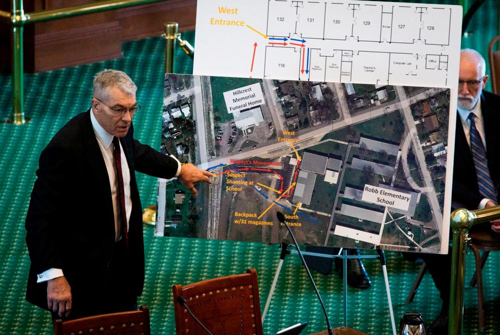 Texas Department of Public Safety Director Steve McCraw uses maps and graphics to present a timeline of the school shooting at Robb Elementary School during the hearing at the Texas State Capitol. – REUTERSPIX