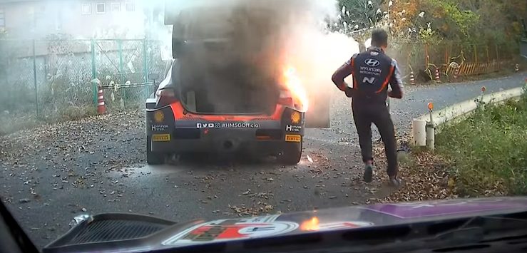 Spanish driver Dani Sordo’s car catches on fire in the second stage of Rally Japan, forcing him and teammate Candido Carrera to retire from the race. – WRC - FIA World Rally Championship Facebook pic, November 11, 2022