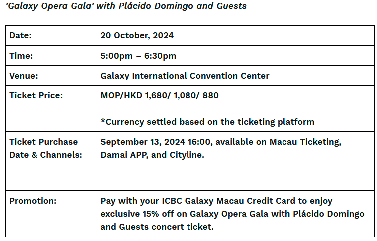 $!Galaxy Macau Presents ‘Galaxy Opera Gala’, an Unprecedented Opera Extravaganza Featuring Plácido Domingo and Guests