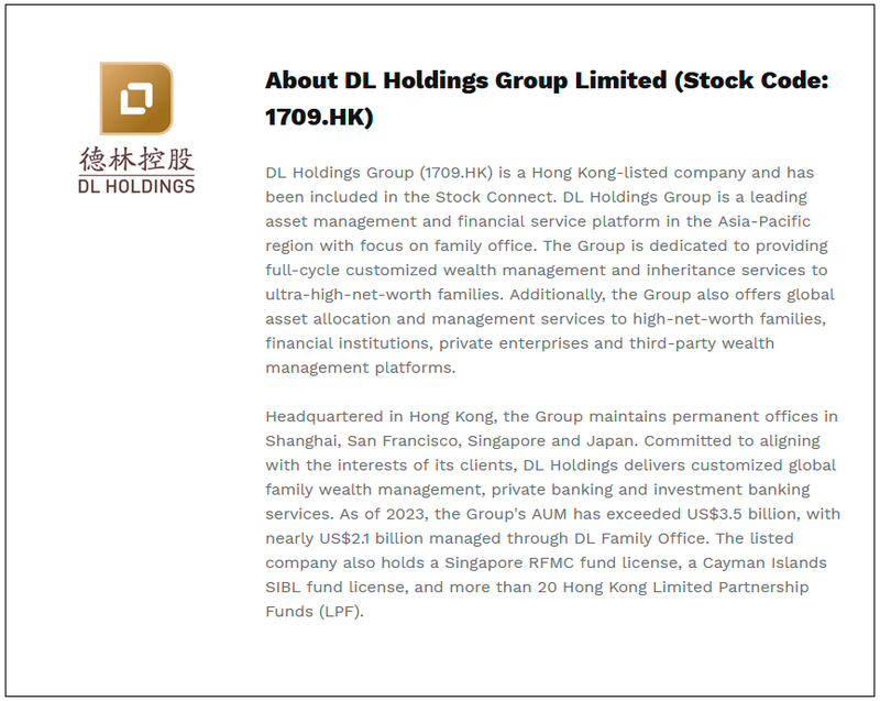 $!DL Holdings intends to acquire part of a Singapore-based wealth management firm at valuation of US$50M