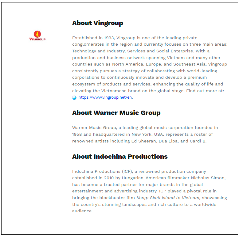 $!Vingroup signed a MOU with Warner Music Group and Indochina Productions