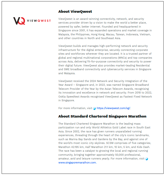 $!ViewQwest Amplifies Excitement in Standard Chartered Singapore Marathon in Third Consecutive Sponsorship