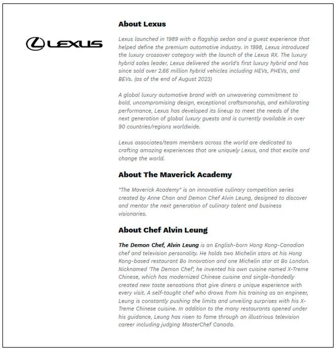 $!Lexus Partners with the Maverick Academy to Drive Culinary Excellence in Latest Cooking Competition