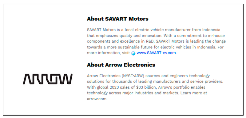 $!Arrow Electronics Fuels SAVART Motors’ EV Manufacturing Expansion in Indonesia