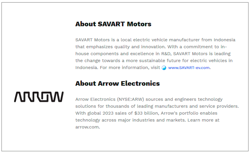 $!Arrow Electronics Fuels SAVART Motors’ EV Manufacturing Expansion in Indonesia