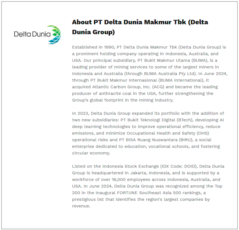 $!Delta Dunia Group, Through BUMA International, Agrees to Acquire a Controlling Interest in the Dawson Coal Mining Complex