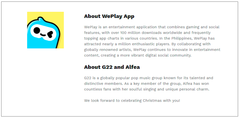 $!WePlay Christmas Carnival: WePlay App Officially Announces Christmas Live Stream Collaboration with Alfea from G22