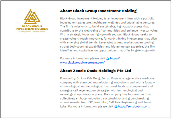 $!Black Group Investment Partners with Zenzic Oasis to Advance Stem Cell Therapy for Personalised Medicine