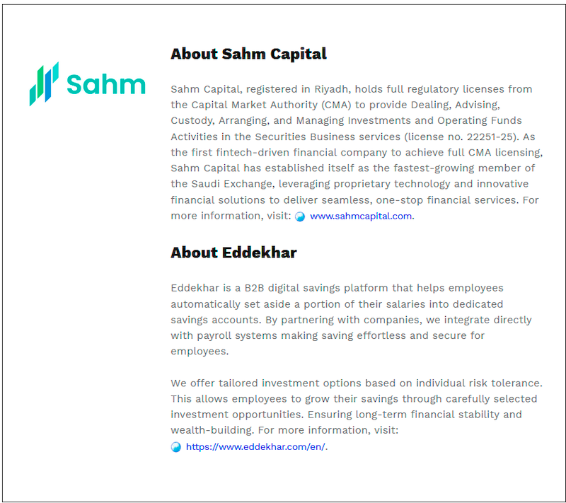 $!Sahm Capital and Eddekhar Forge Strategic Partnership to Elevate Financial Literacy and Investment Solutions at CMF Riyadh 2025