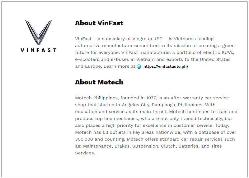 $!VinFast signs MOU with Motech to expand service workshop network in the Philippines