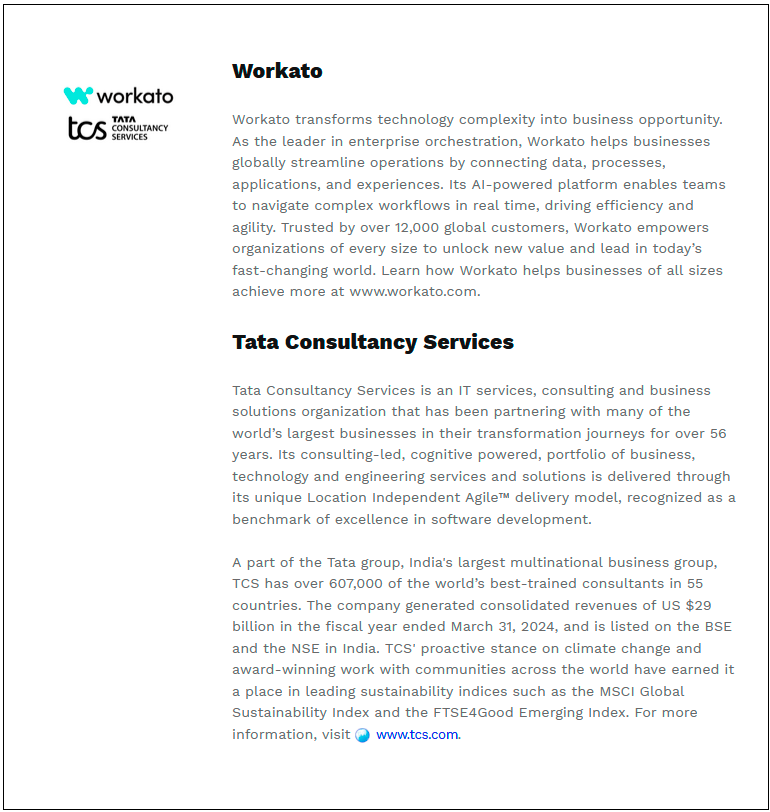 $!Workato and Tata Consultancy Services Form Strategic Alliance to Deliver Next-Gen Innovation and Help Companies Modernise Legacy Systems