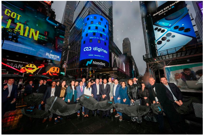 The Diginex team celebrates a historic milestone at Times Square, New York, after ringing the Nasdaq Closing Bell on March 6, 2025, marking its record-breaking IPO performance and global expansion in the ESG market.