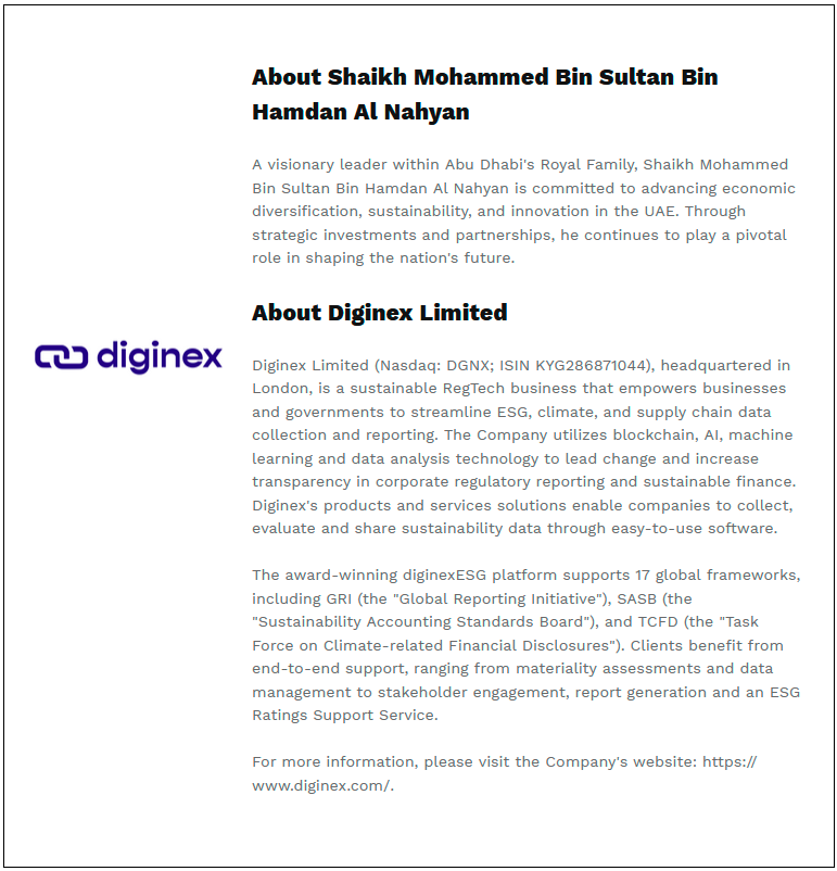 His Highness Shaikh Mohammed Bin Sultan Bin Hamdan Al Nahyan acquires Warrants of Diginex Limited to Purchase 6.75 Million Ordinary Shares of Diginex for USD$300 million via a Private Transaction $!His Highness Shaikh Mohammed Bin Sultan Bin Hamdan Al Nahyan acquires Warrants of Diginex Limited to Purchase 6.75 Million Ordinary Shares of Diginex for USD$300 million via a Private Transaction