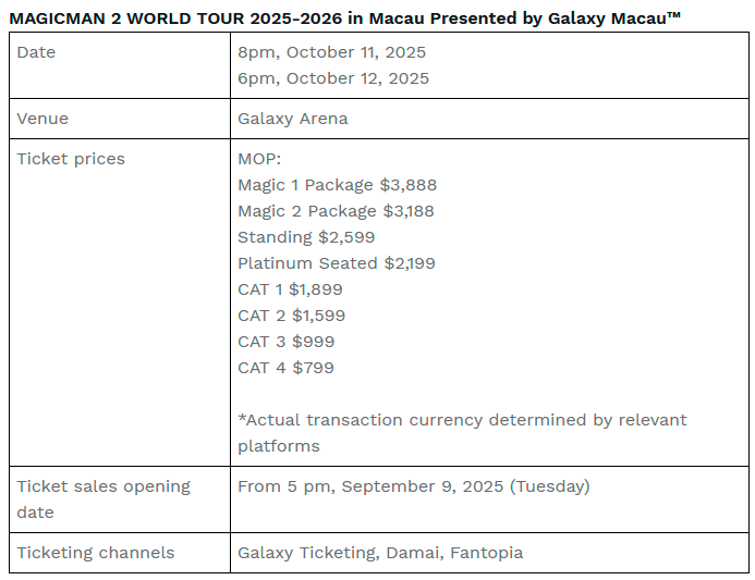Jackson Wang MAGICMAN 2 WORLD TOUR 2025-2026 in Macau Presented by Galaxy Macau™ heads to Galaxy Arena $!Jackson Wang MAGICMAN 2 WORLD TOUR 2025-2026 in Macau Presented by Galaxy Macau™ heads to Galaxy Arena