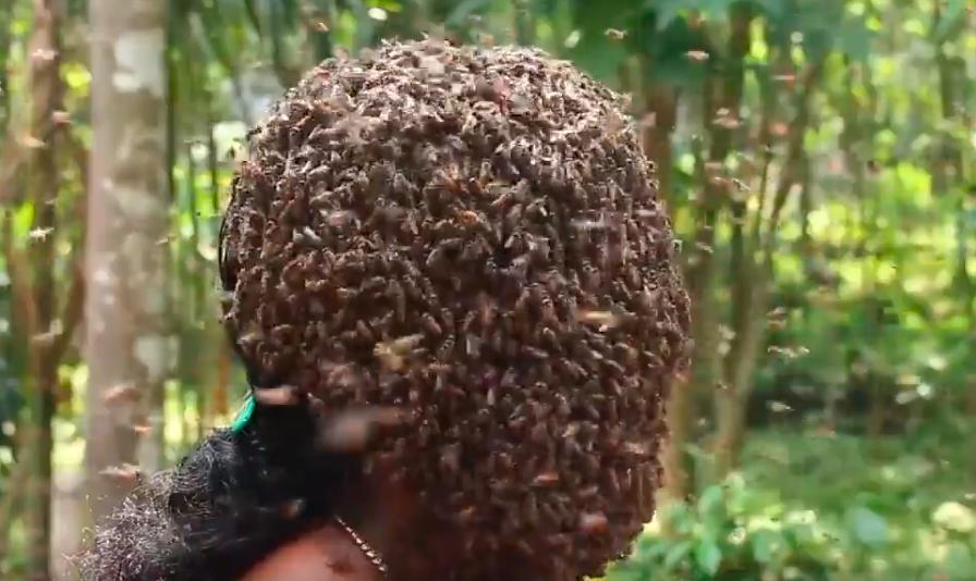Screenshot of the woman having her face covered by bees.