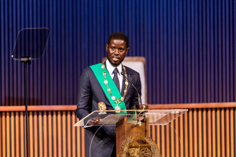 Bassirou Diomaye Faye gives his address as Senegal’s President at an exhibition centre in the new town of Diamniadio near the capital Dakar on April 2, 2024/AFPPix