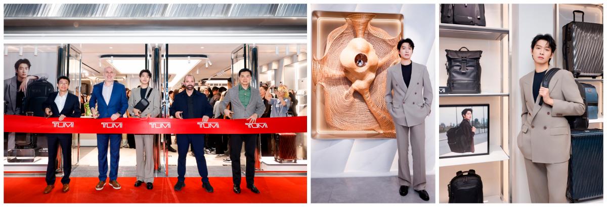 (Left) TUMI China, Senior Director Julian Yung, Vice President of Asia Pacific and Middle East Aris Maroulis, TUMI Asia-Pacific Brand Ambassador Wei Daxun, TUMI Creative Director Victor Sanz, Executive Vice President and COO of Shanghai Centre Byron Kan (Jian Bailuan), taking part in the ribbon-cutting ceremony. (Right) TUMI Asia-Pacific Brand Ambassador Wei Daxun at the new TUMI Flagship Store in Shanghai
