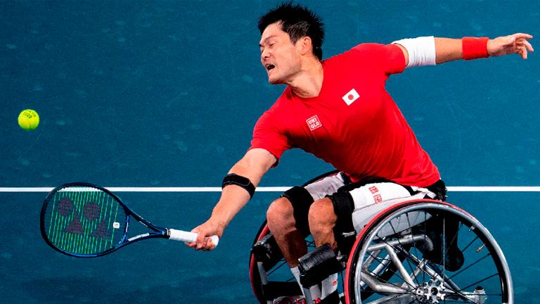 Japan’s Shingo Kunieda hits a return during the men’s doubles bronze medal match against the Netherlands at the Tokyo 2020 Paralympic Games at Ariake Tennis Park. – AFPPIX