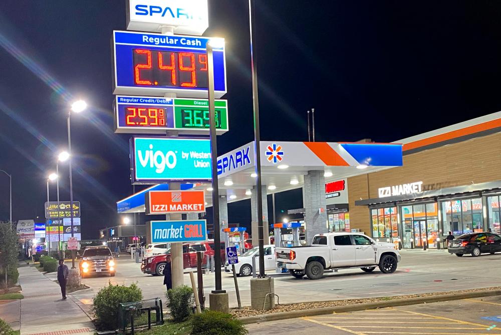 Signage shows the price of unleaded regular petrol at less than US$2.50 per gallon at a petrol station in Houston, Texas. Petrol demand in the US last week lagged the 10-year seasonal average by 2.5%. – Reuterspic