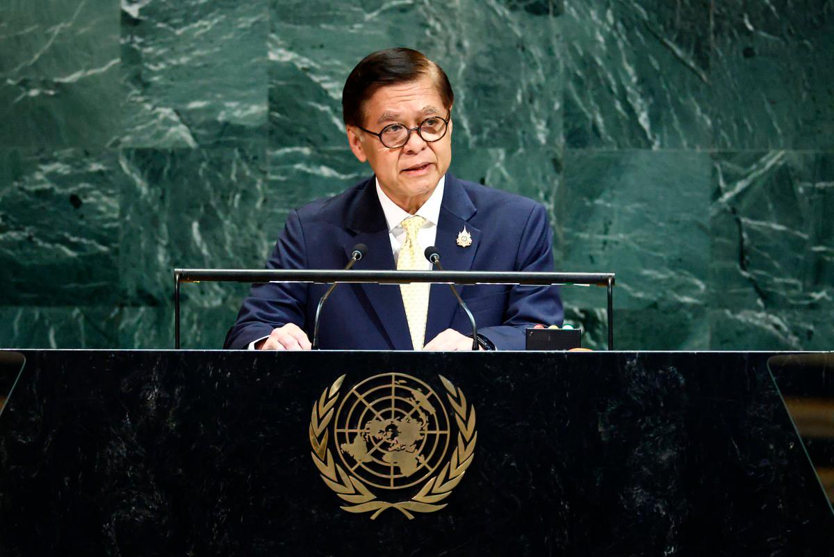 Thailand's Foreign Minister Sihasak Phuangketkeow addresses the United Nations General Assembly at UN headquarters in New York City on September 27, 2025. - CHARLY TRIBALLEAU / AFP
