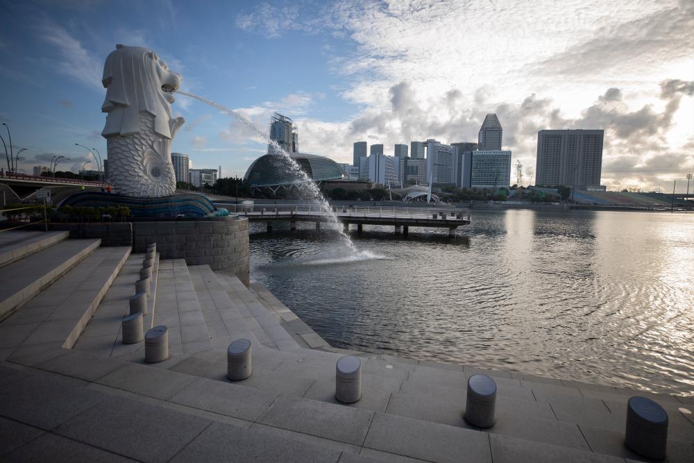 A view of an empty Merlion park where part of it was cordoned off in Singapore, 30 May 2020. - E{A