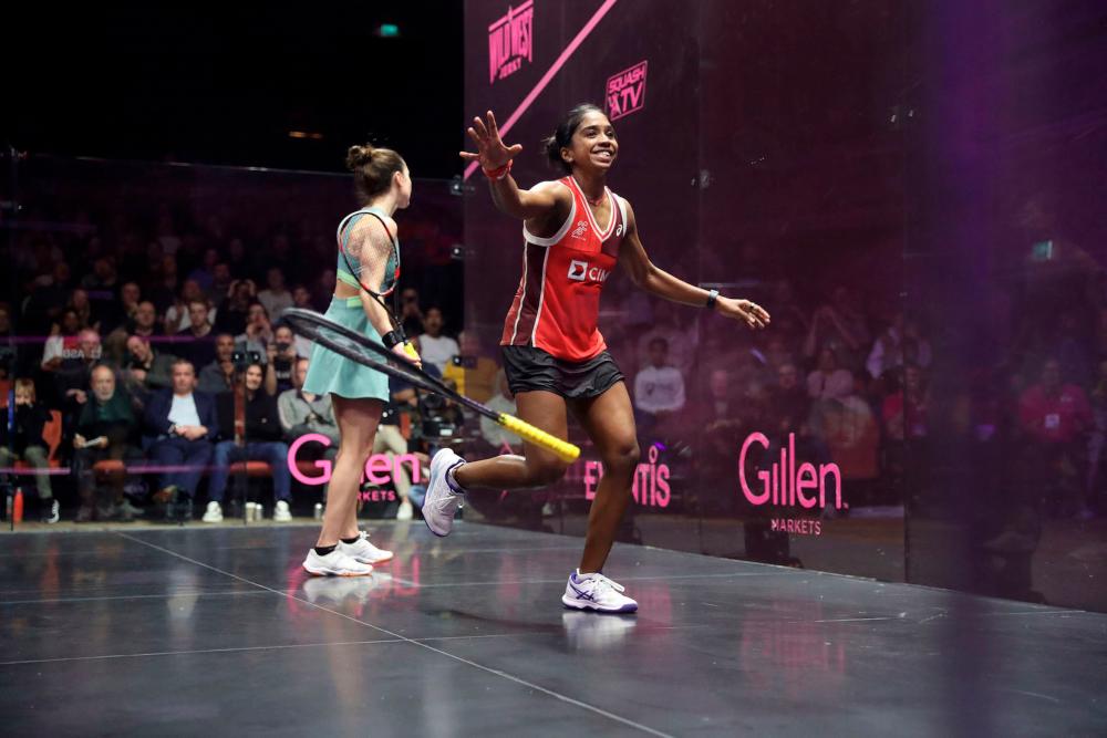 Malaysia’s Sivasangari Subramaniam (right) celebrates after beating Nele Gilis from Belgium yesterday. – PSA World Tour