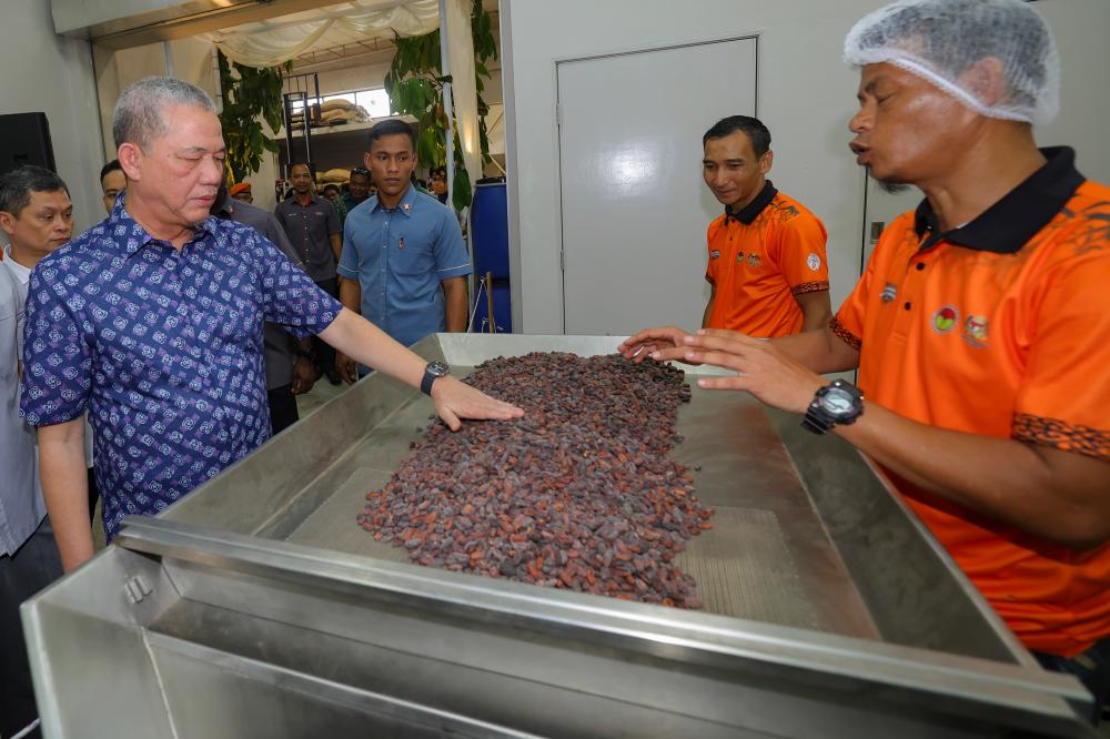 KUCHING, Sept 30 -- Deputy Prime Minister Datuk Seri Fadillah Yusof (left), who is also the Minister of Plantation and Commodities, saw processed cocoa beans when he visited the Sarawak Cocoa Cluster Complex after officiating Berandau Day and the Sarawak Cocoa Cluster Cooperative in Samarahan today. BERNAMAPIX