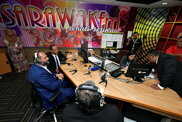 Communications and Multimedia Minister Gobind Singh Deo is interviewed by the SARAWAKfm radio station at RTM Kuching on Jan 14, 2019. — Bernama