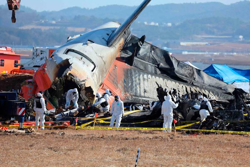 Police forensics personnel and National Bureau of Investigation officials work at the scene where a Jeju Air Boeing 737-800 aircraft crashed and burst into flames - AFPpix